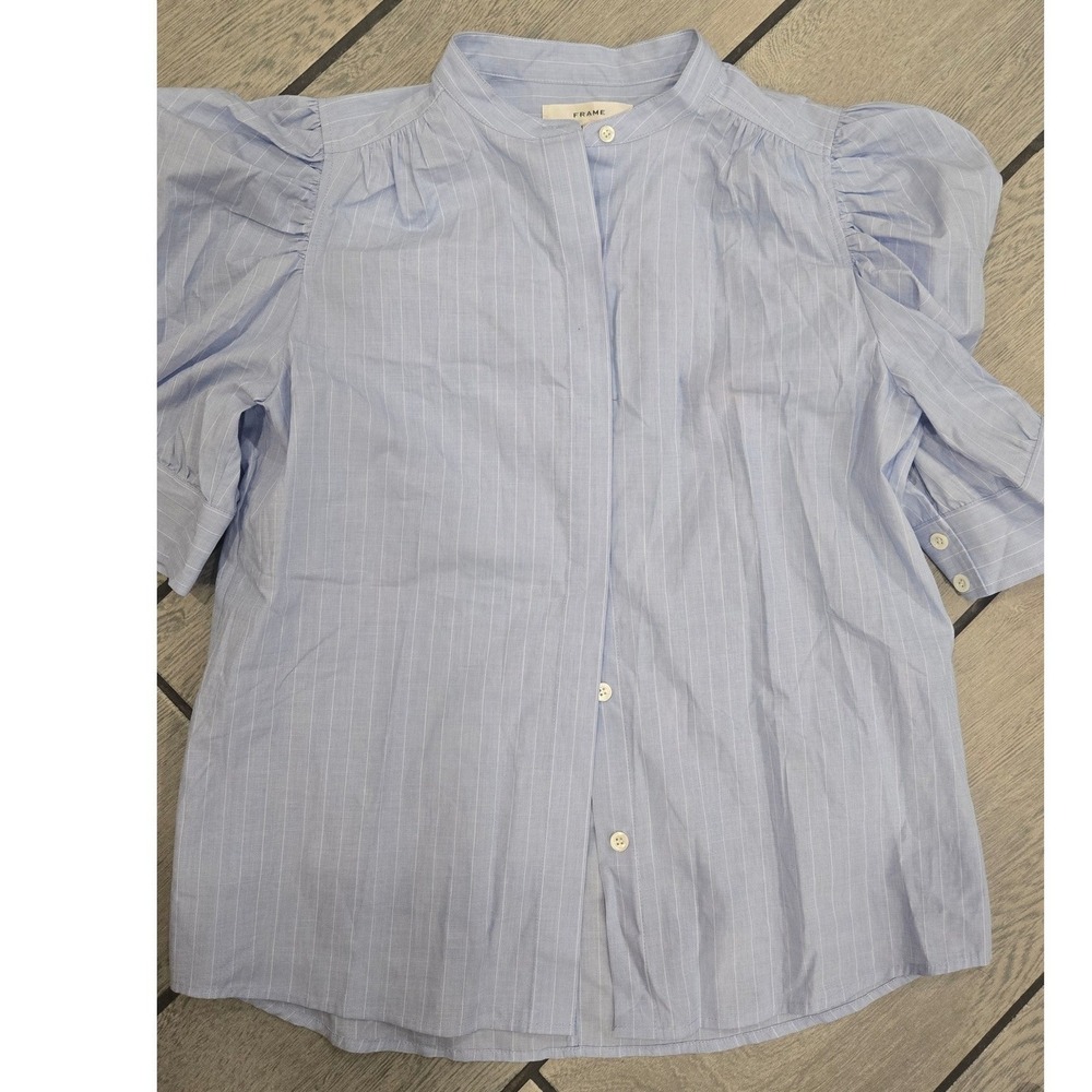 FRAME Women Blue White Pinstripe Puff Sleeve Band Collar Blouse WS24WBL037 S